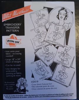 Cross Stitch Colonial Girl 3419 Iron On Embroidery Transfers By Aunt Martha's
