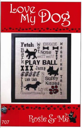 Love My Dog Cross Stitch Pattern with Embellishment By Rosie & Me