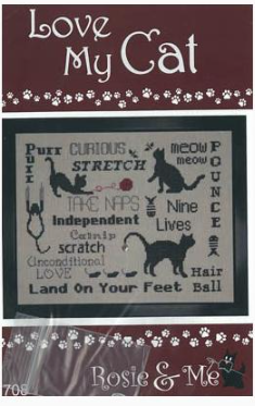 Love My Cat Cross Stitch Pattern with Embellishment By Rosie & Me