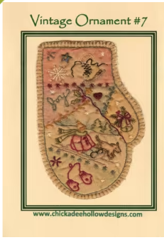 Vintage Christmas Ornament Mitten #7 CDHV07 Pre-Printed Hand Embroidery Pattern By Chickadee Hollow